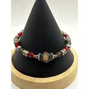 7" Beaded Bracelet With Red & Silver Accents Toggle Clasp